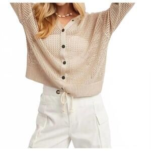 NEW WISHLIST open-knit button-up hooded sweater in beige